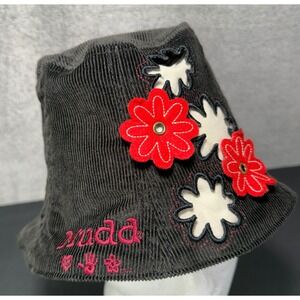 Mudd Bucket Hat Girls OS Black Corduroy Floral Applique Y2K Vintage NWT